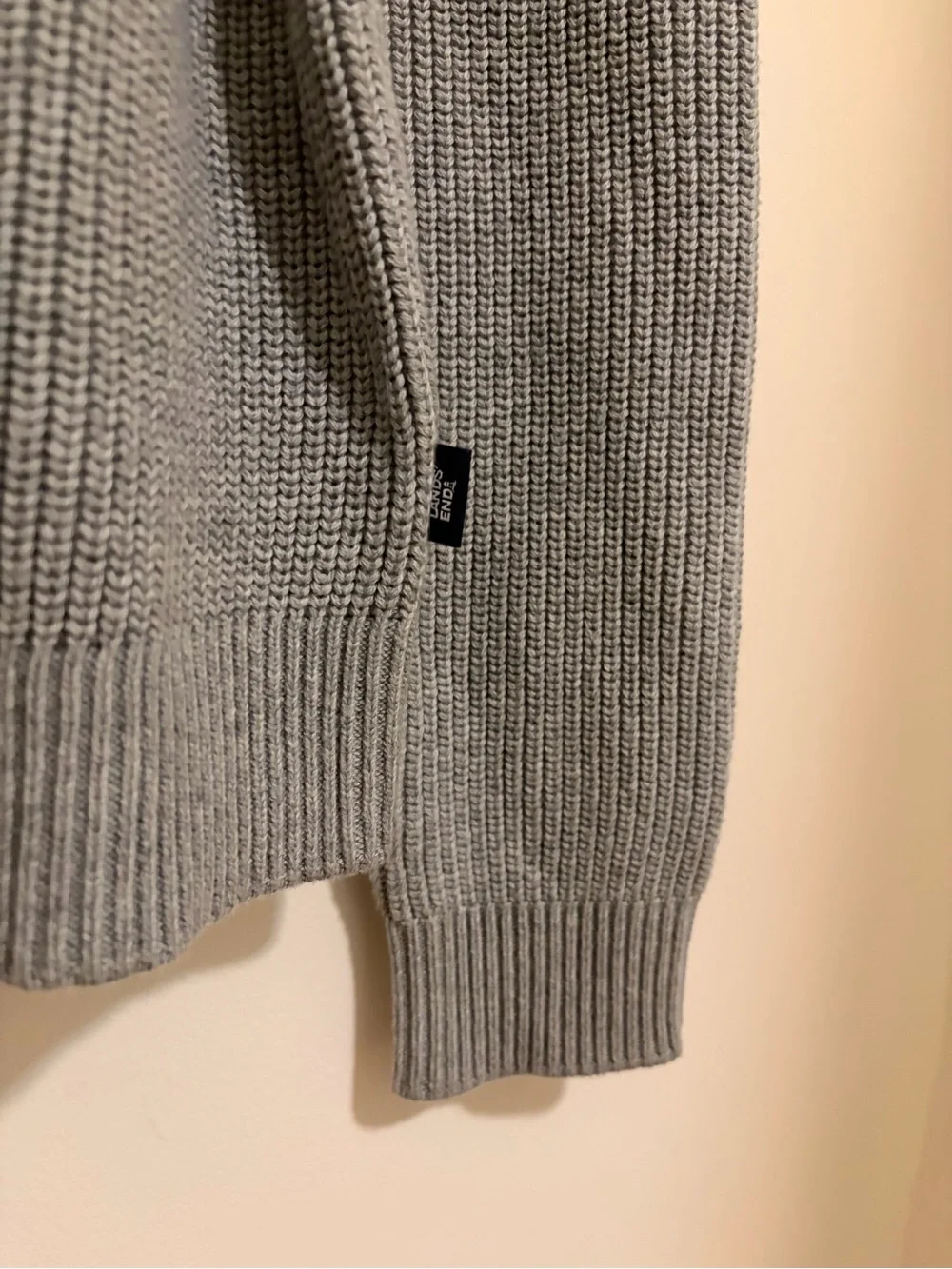 Lands' End Men's Light Gray Ribbed Chunky Cotton Crewneck Sweater